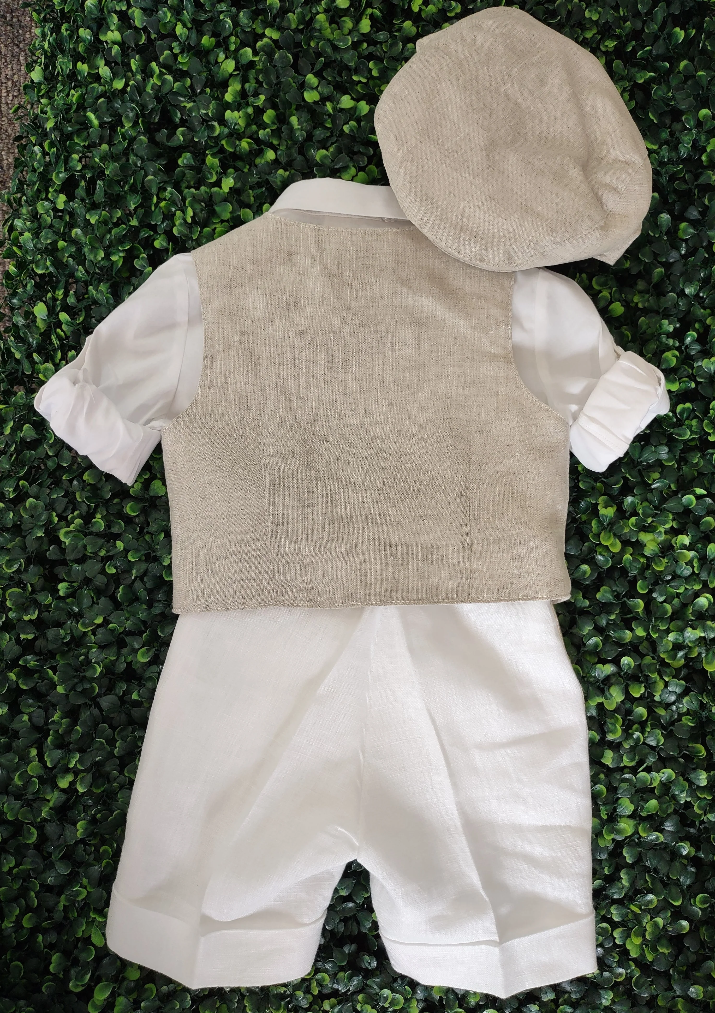 Bimbalo Boys' 4 Piece Beige Linen Shorts and Vest Outfit with Cap 6083 - Image 3