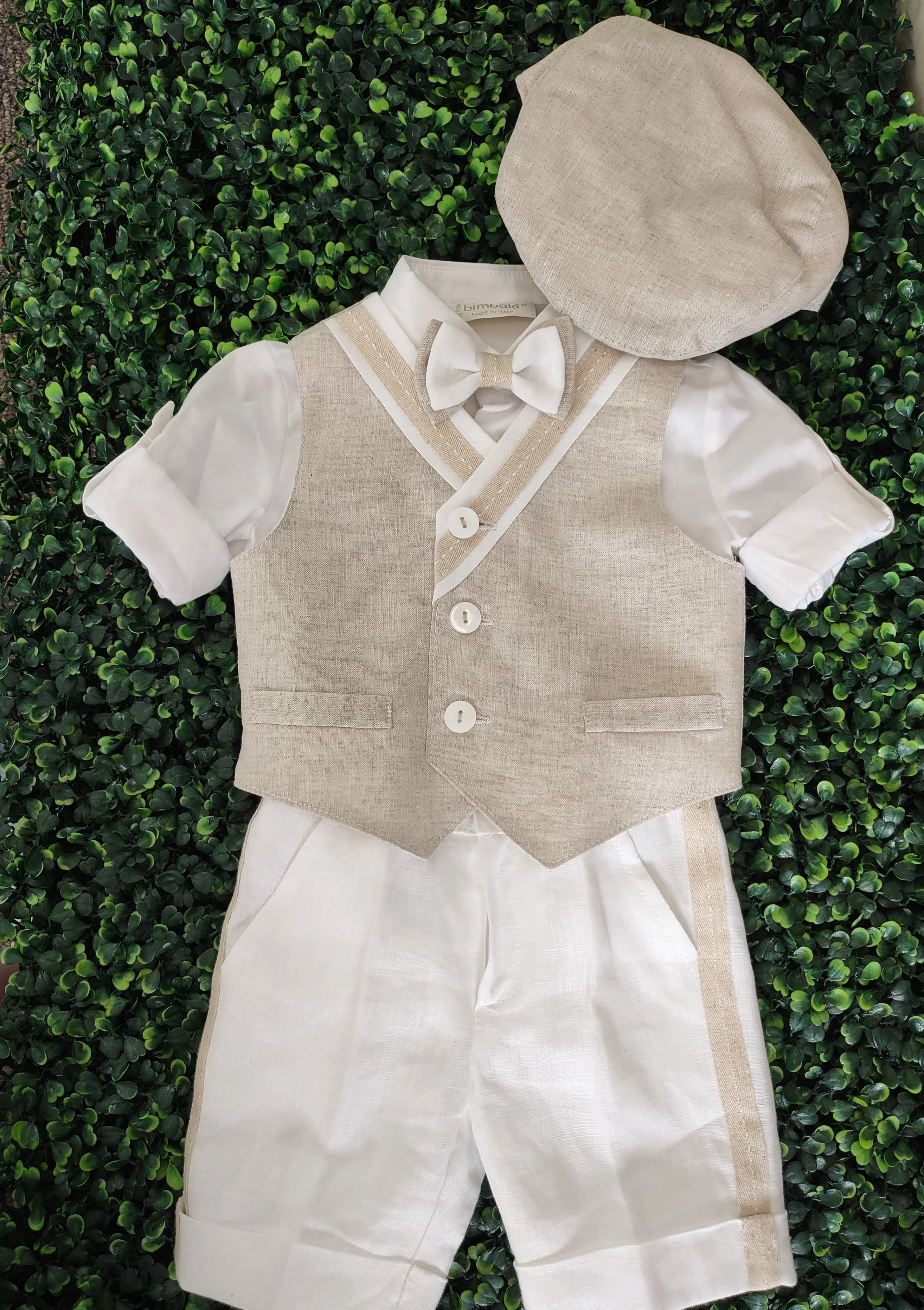 Bimbalo Boys' 4 Piece Beige Linen Shorts and Vest Outfit with Cap 6083 - Image 4