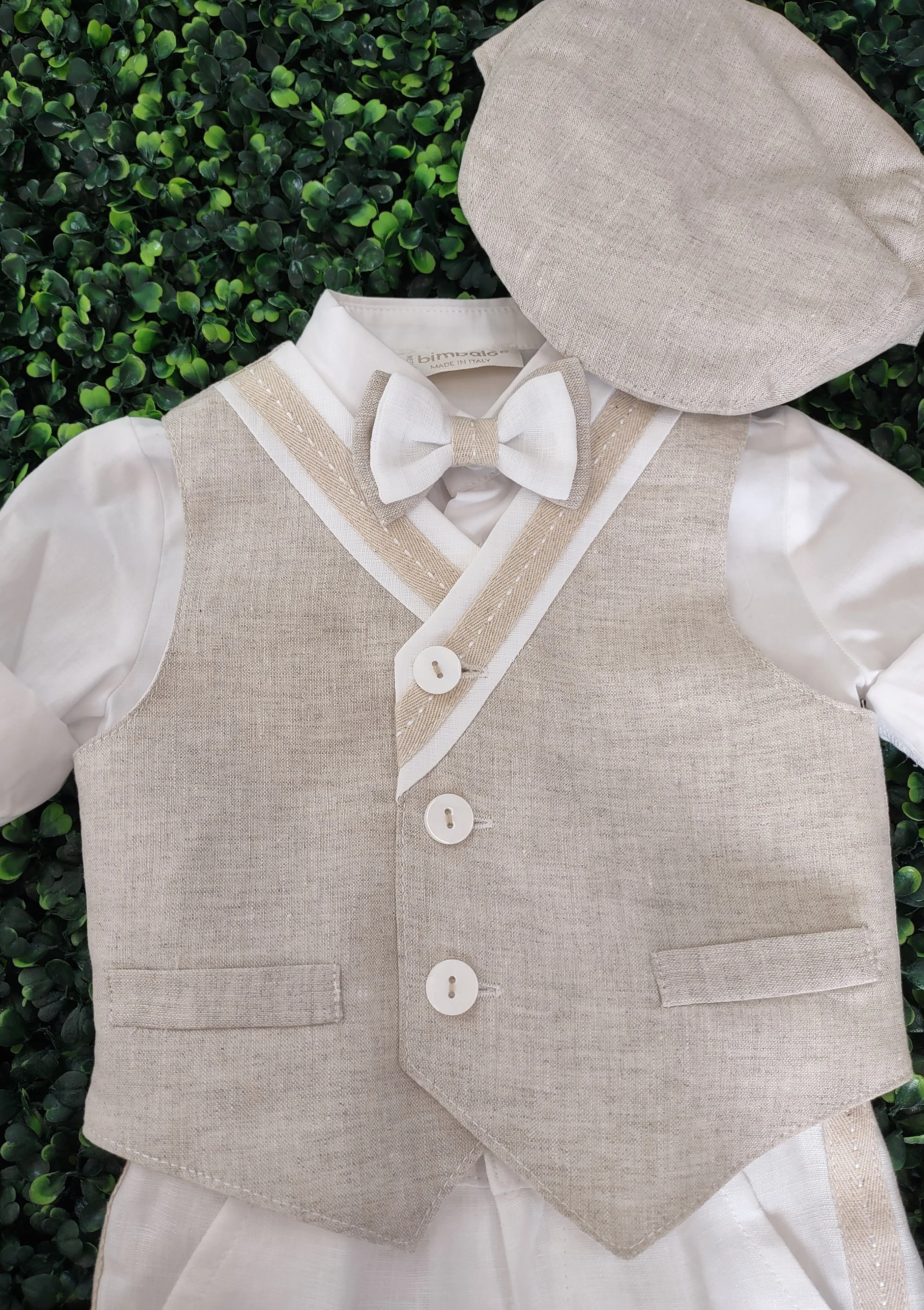 Bimbalo Boys' 4 Piece Beige Linen Shorts and Vest Outfit with Cap 6083 - Image 5