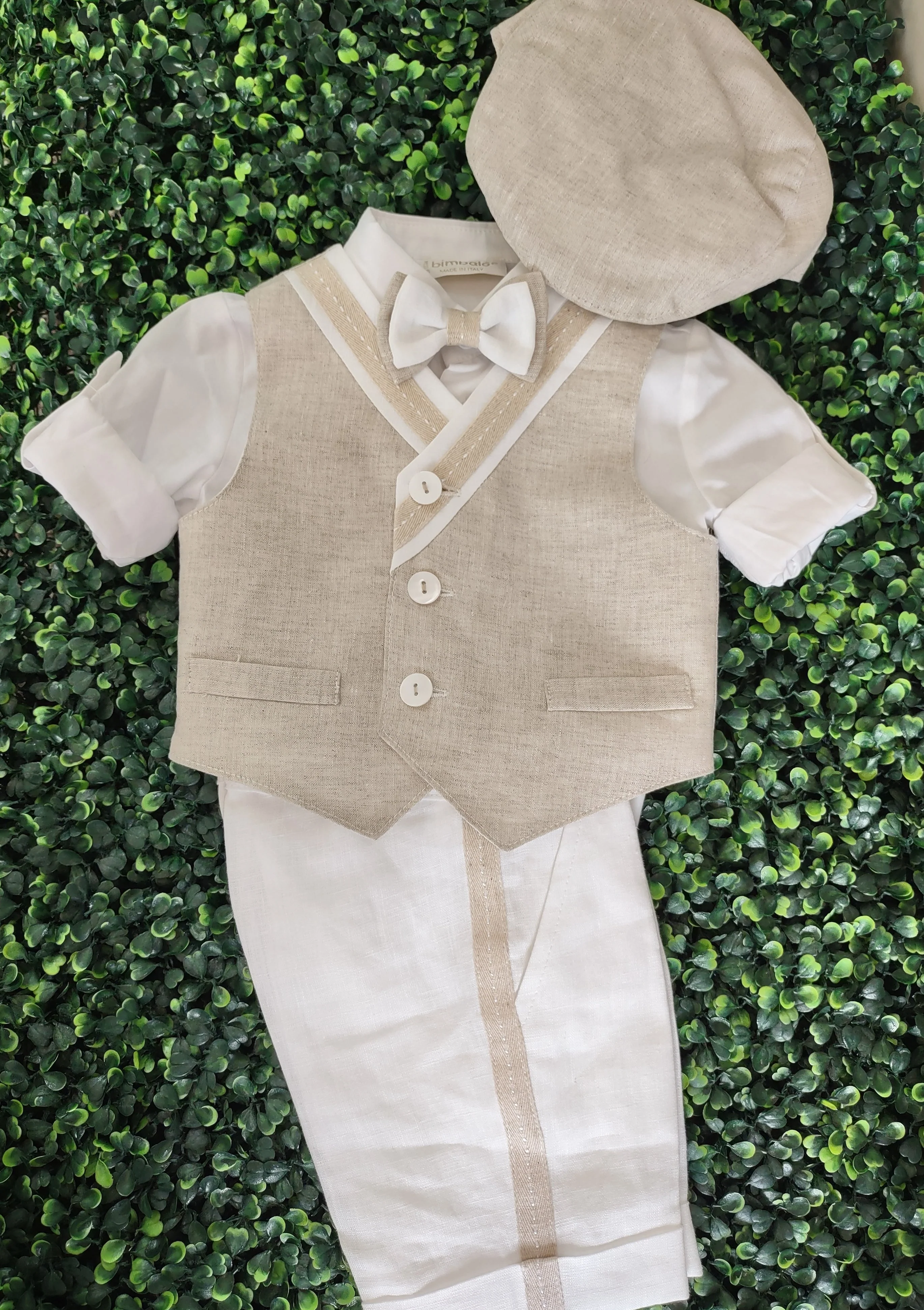 Bimbalo Boys' 4 Piece Beige Linen Shorts and Vest Outfit with Cap 6083 - Image 6