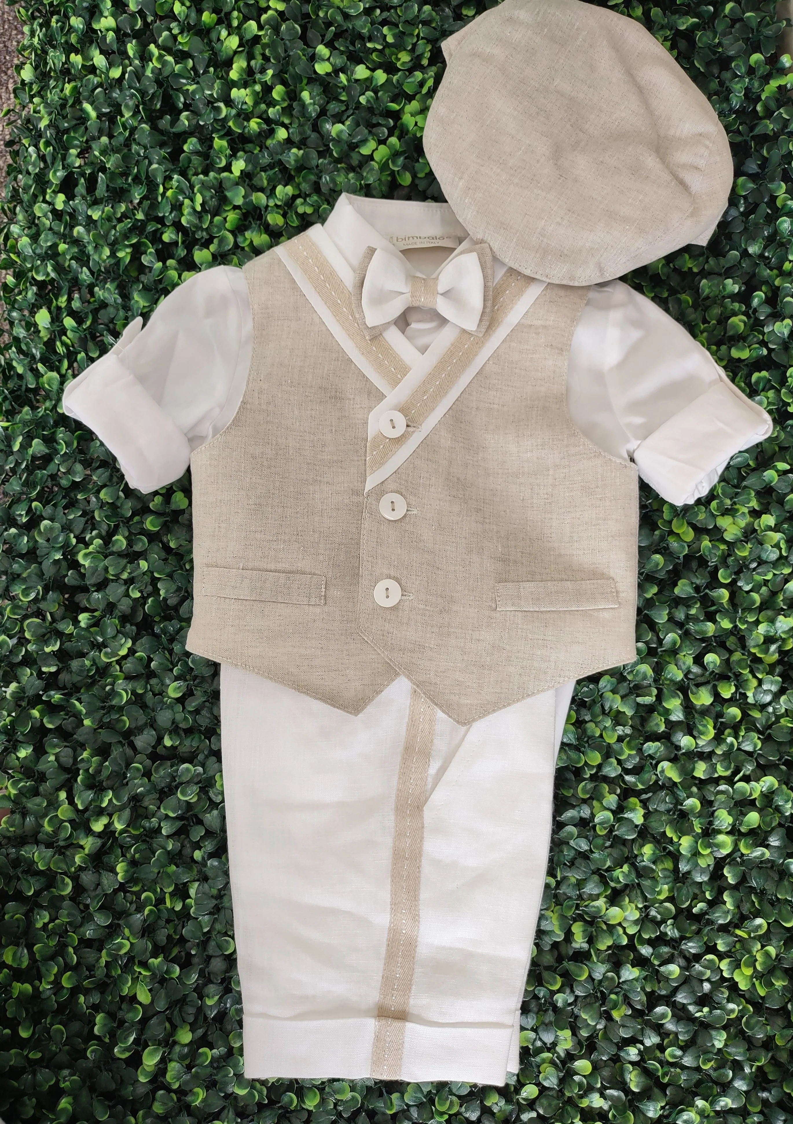 Bimbalo Boys' 4 Piece Beige Linen Shorts and Vest Outfit with Cap 6083 - Image 7
