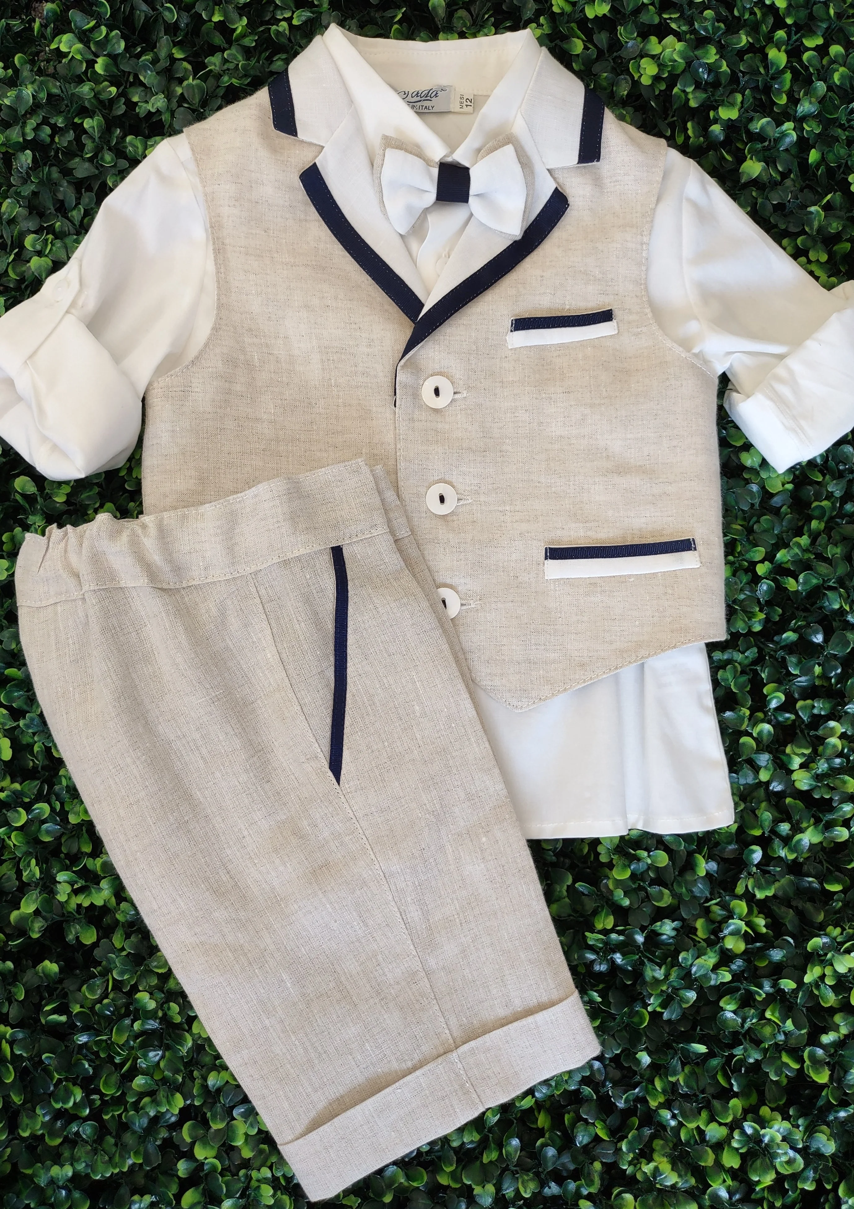 Bimbalo Boys' 4 Piece Beige Linen Shorts and Vest Outfit 5209 - Image 5