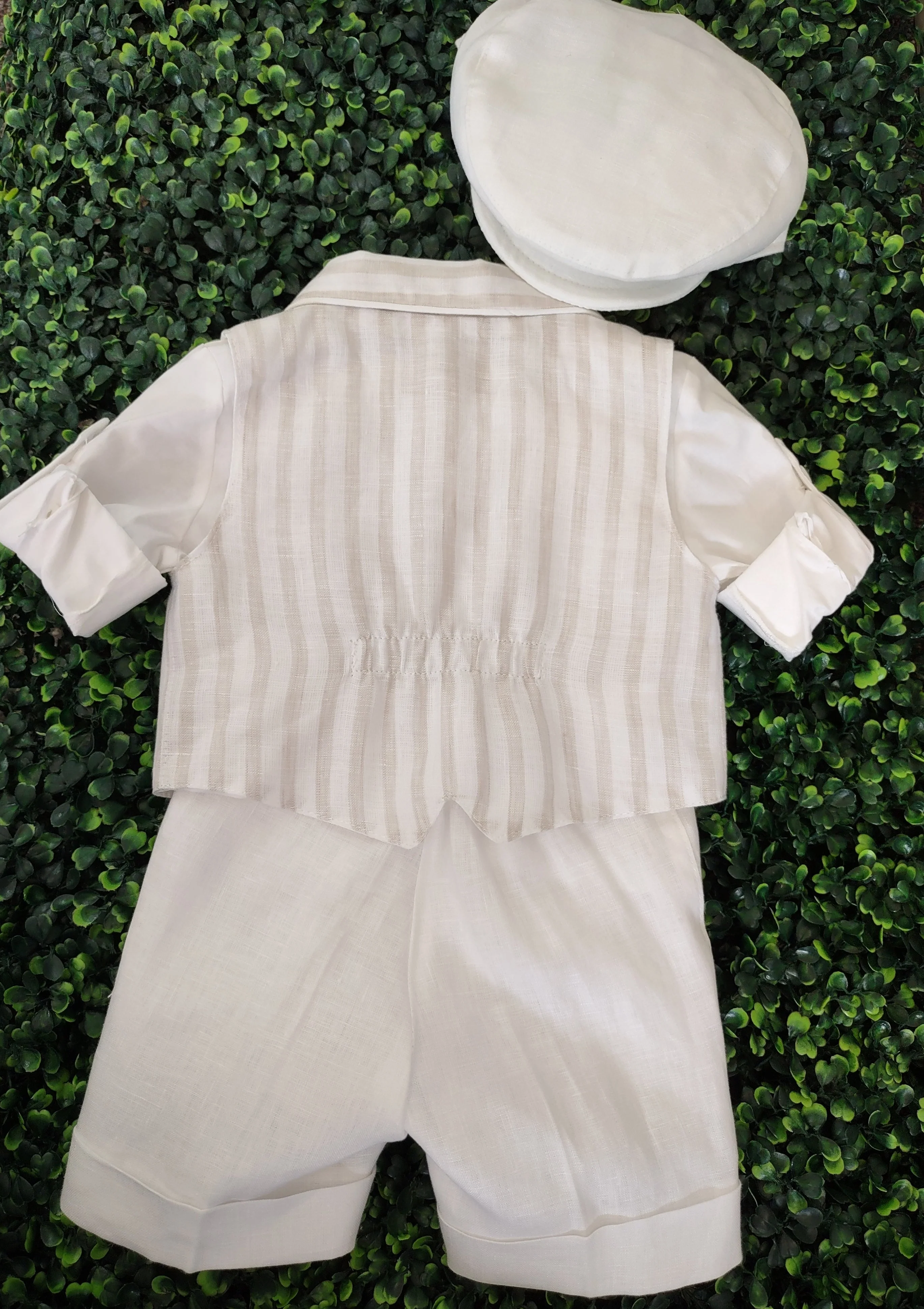 Bimbalo Boys' 5 Piece Beige Striped Linen Shorts and Vest Outfit 6082 - Image 4