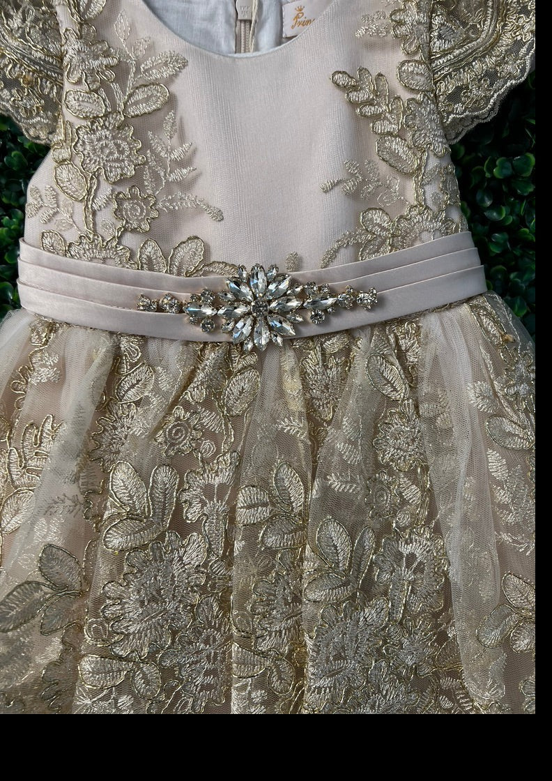 Princess Daliana Rose Gold Metallic Lace High Low Dress with Train - 1059 Sample Sale - Image 3