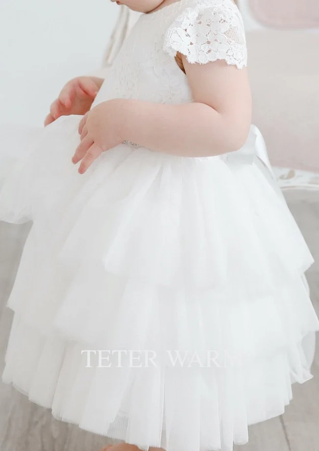 Teter Warm Lace Flutter Sleeve Sheer Back Christening Dress - B102 - Image 3