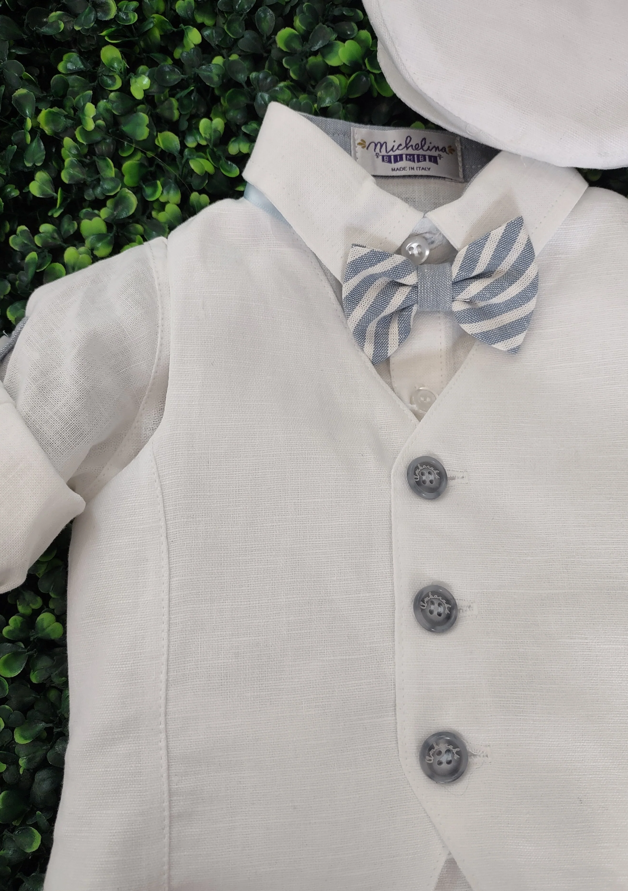 Michelina Bimbi 5 Piece Blue Linen Shorts and Vest Outfit with Cap T0904 - Image 3