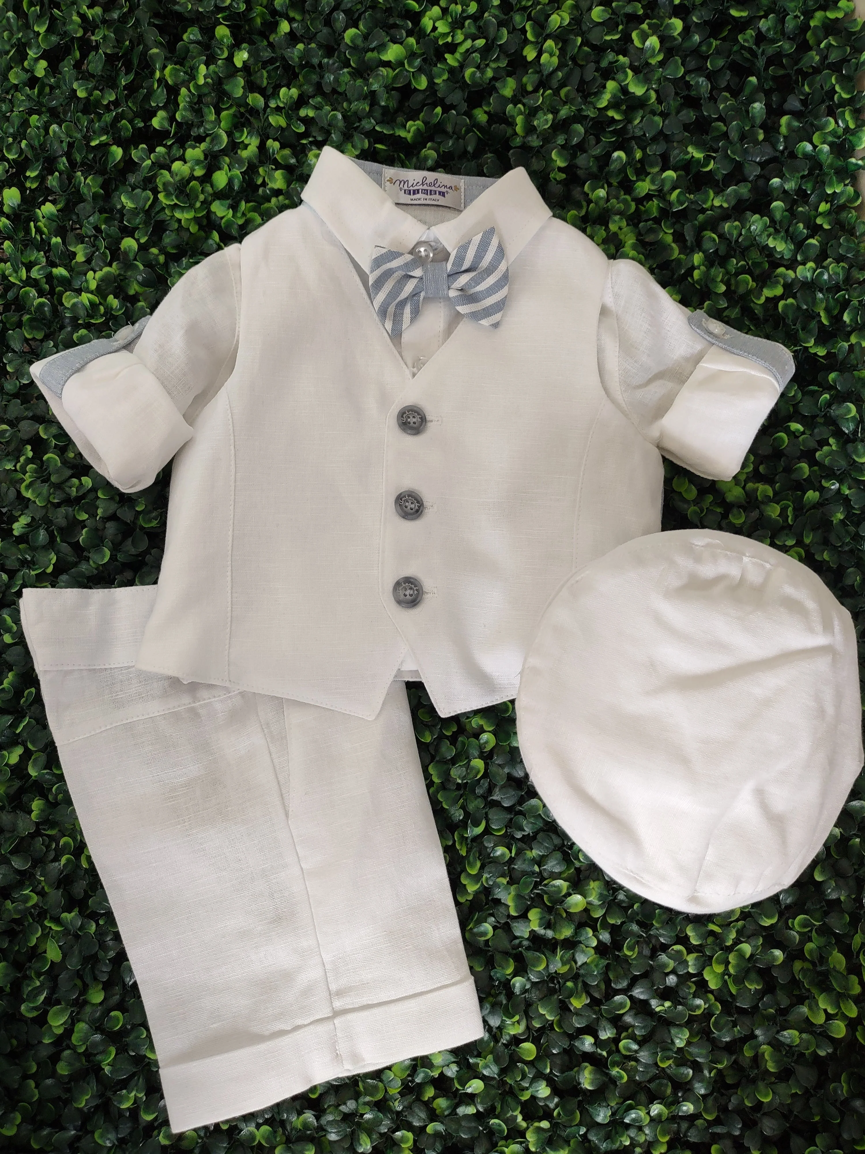 Michelina Bimbi 5 Piece Blue Linen Shorts and Vest Outfit with Cap T0904 - Image 7