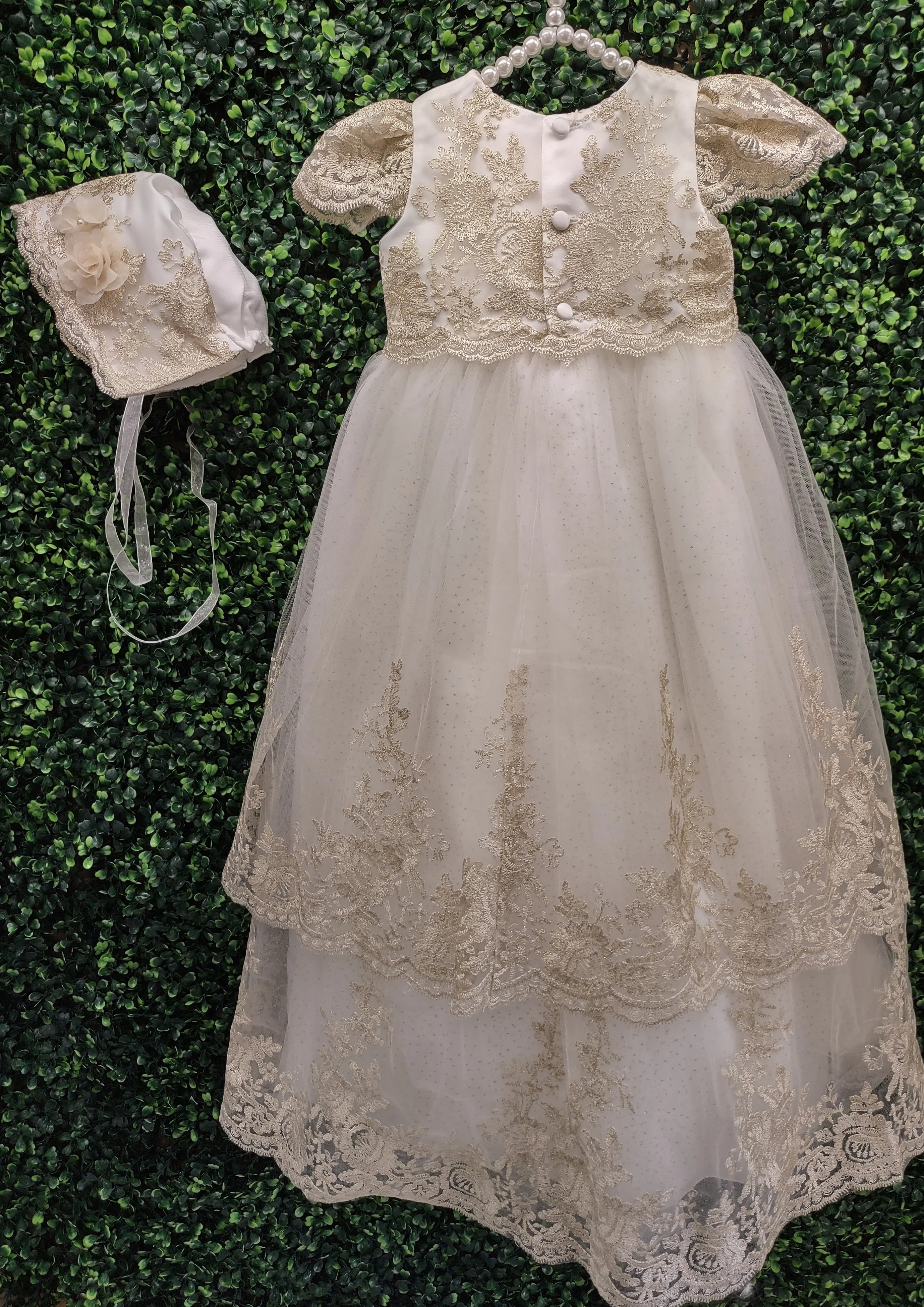 Princess Daliana Gold Embroidered Lace Christening Gown with Bonnet - D2Y1023 - Image 7