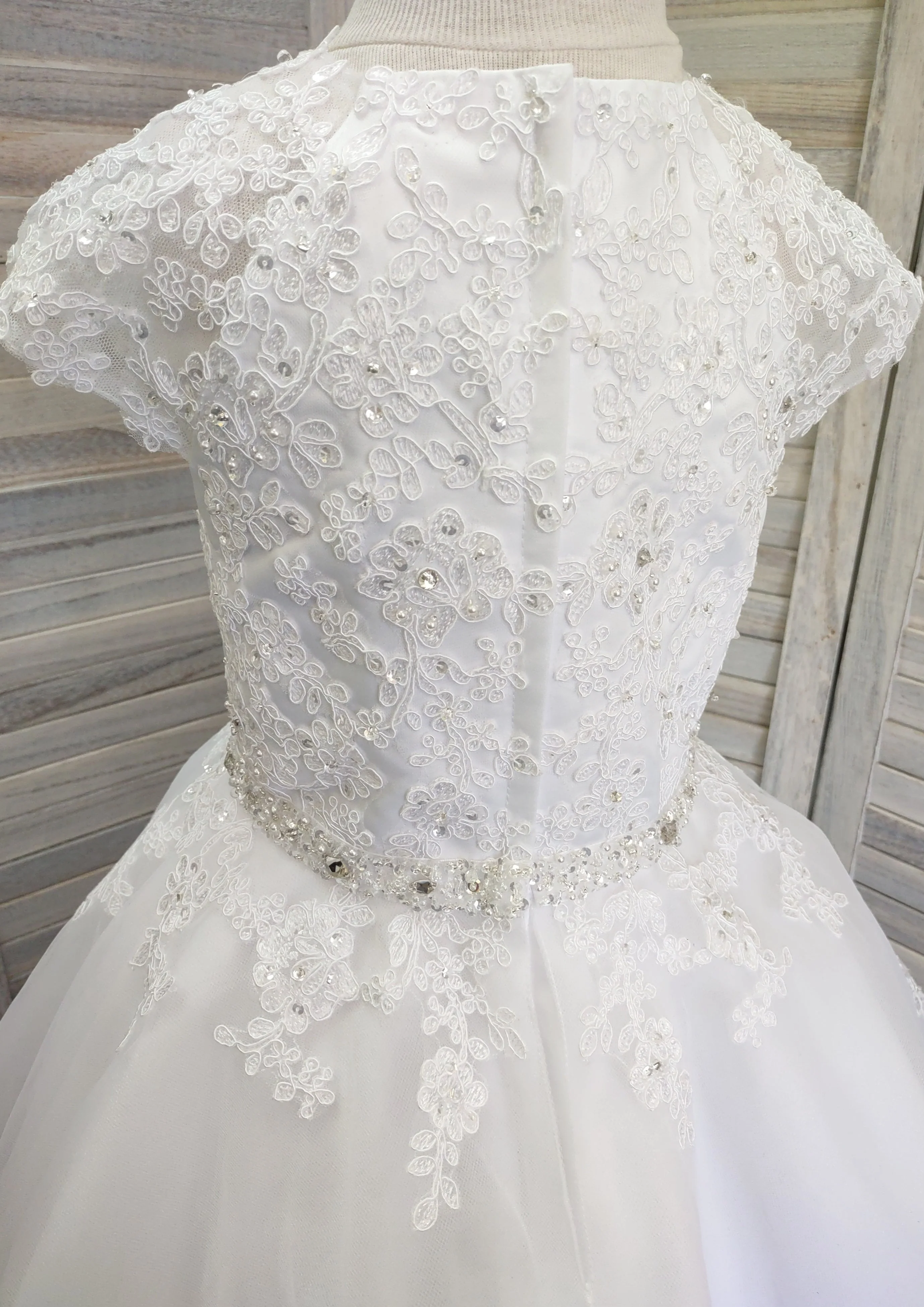 Sweetie Pie Communion Long Gown with Floral Lace Applique and Rhinestone Detail - 3087 - Image 10