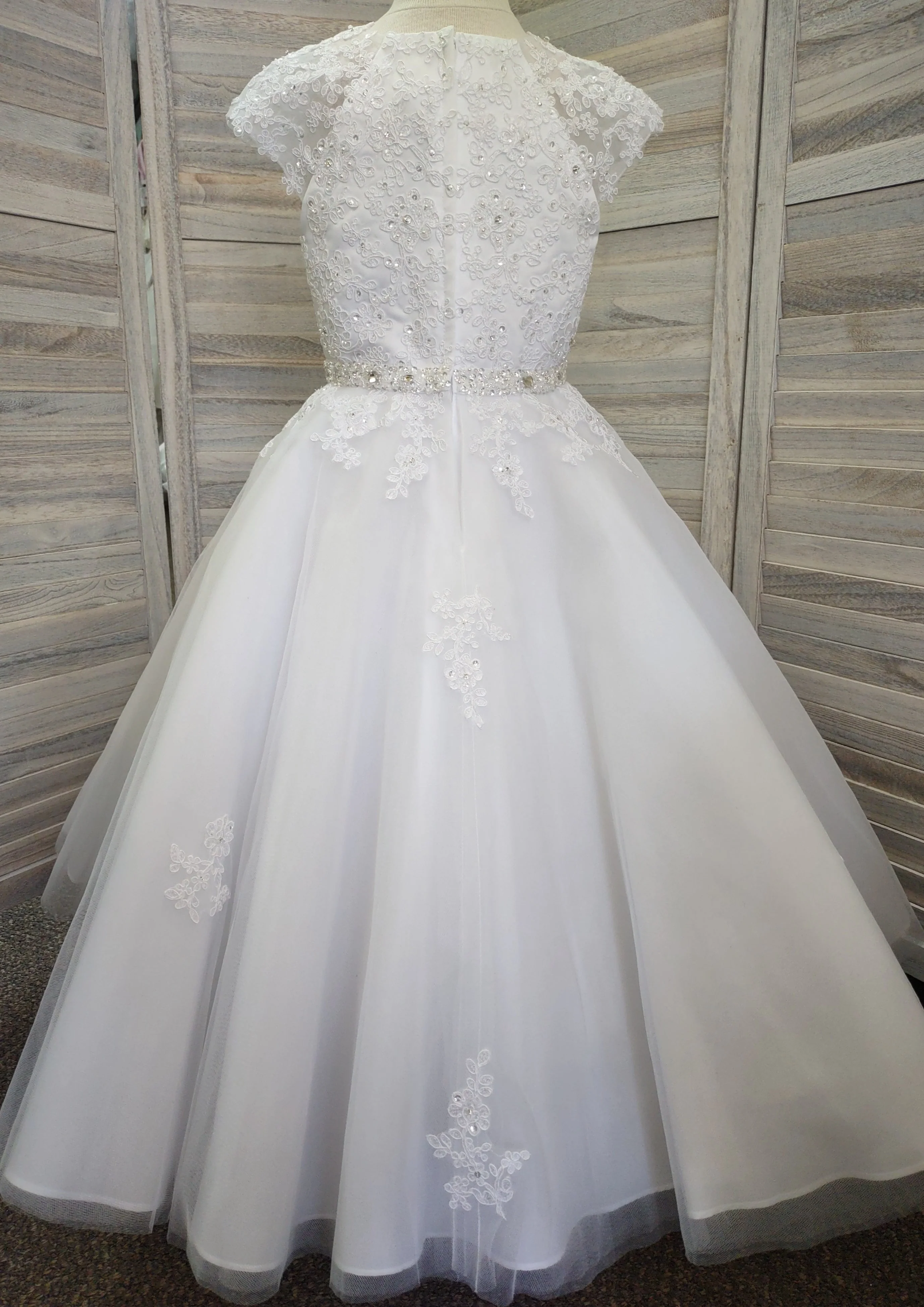 Sweetie Pie Communion Long Gown with Floral Lace Applique and Rhinestone Detail - 3087 - Image 12