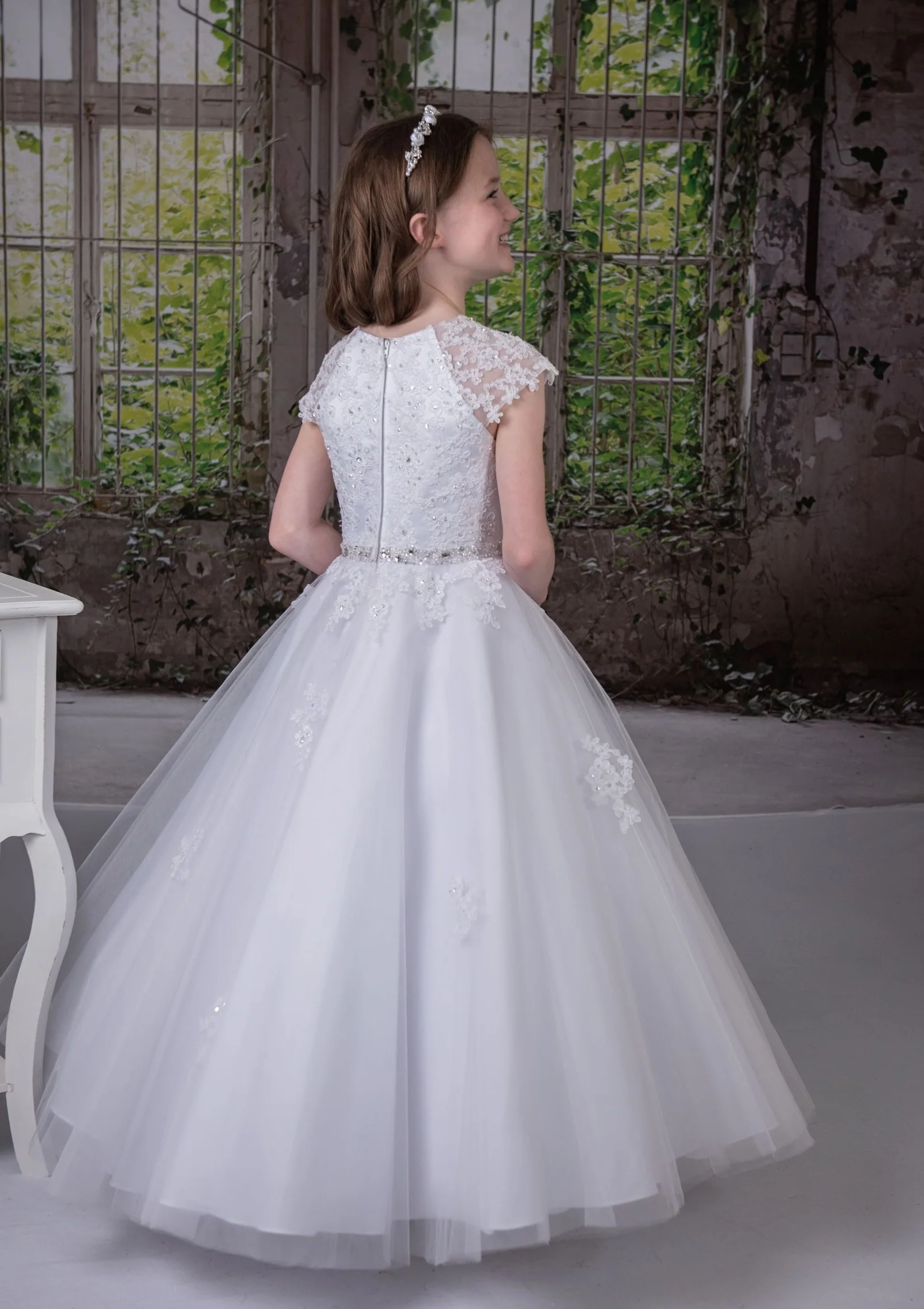 Sweetie Pie Communion Long Gown with Floral Lace Applique and Rhinestone Detail - 3087 - Image 3