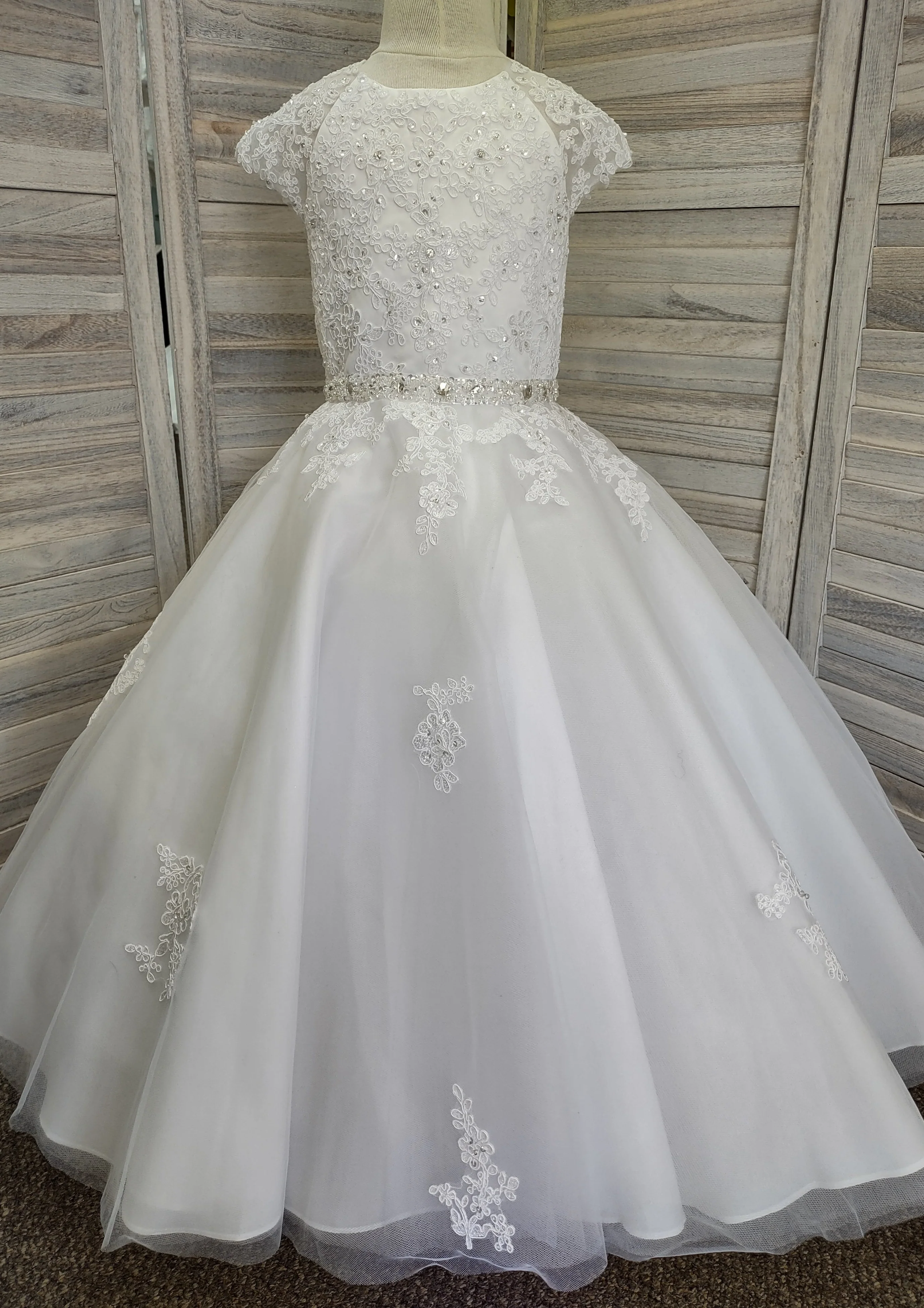Sweetie Pie Communion Long Gown with Floral Lace Applique and Rhinestone Detail - 3087 - Image 4