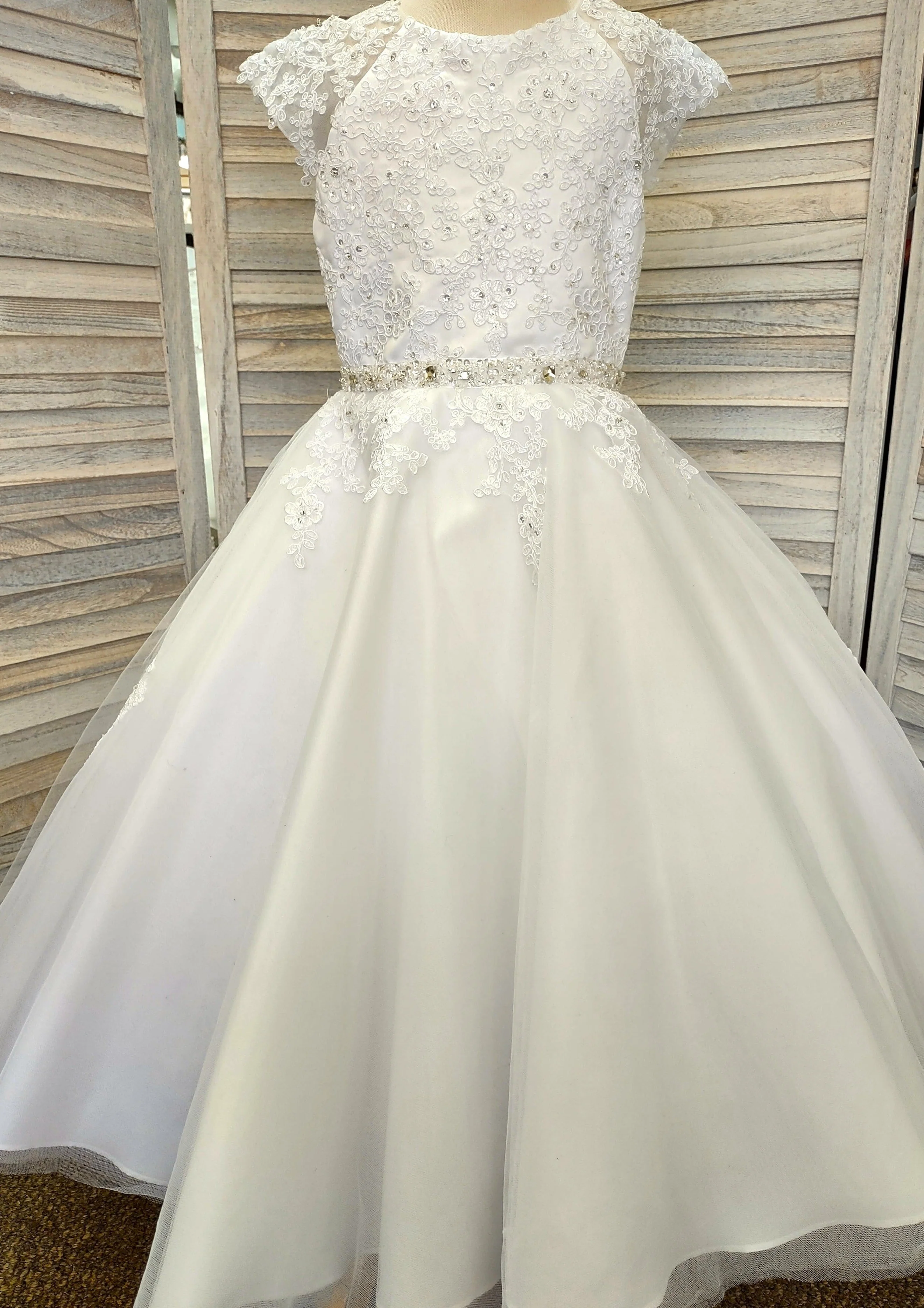 Sweetie Pie Communion Long Gown with Floral Lace Applique and Rhinestone Detail - 3087 - Image 5