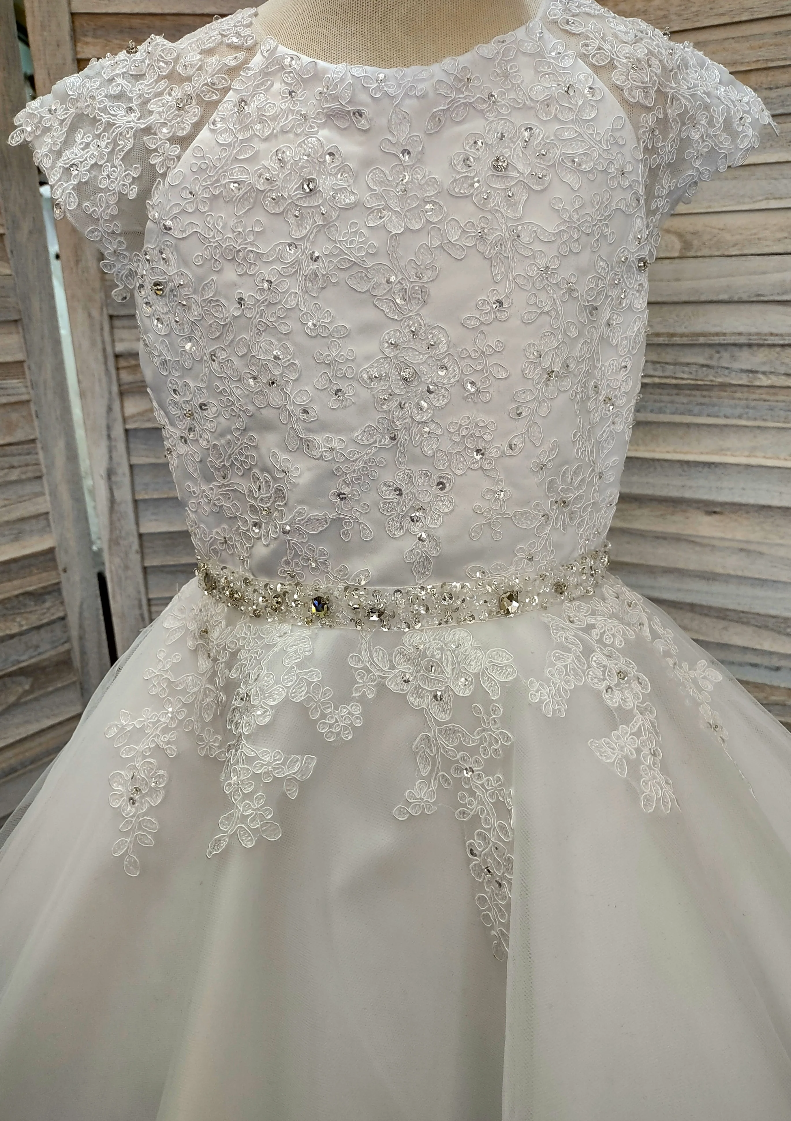 Sweetie Pie Communion Long Gown with Floral Lace Applique and Rhinestone Detail - 3087 - Image 6