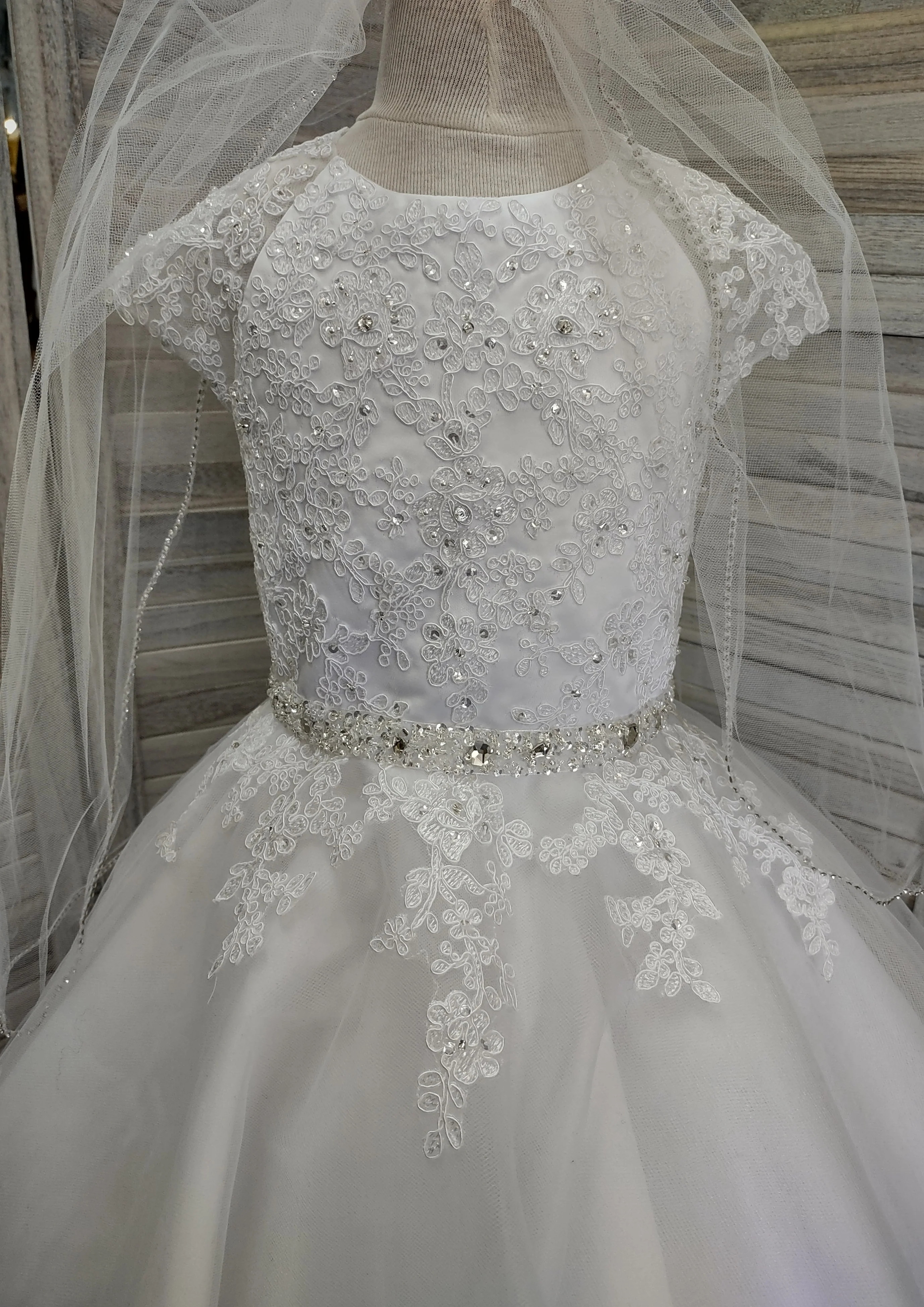 Sweetie Pie Communion Long Gown with Floral Lace Applique and Rhinestone Detail - 3087 - Image 7