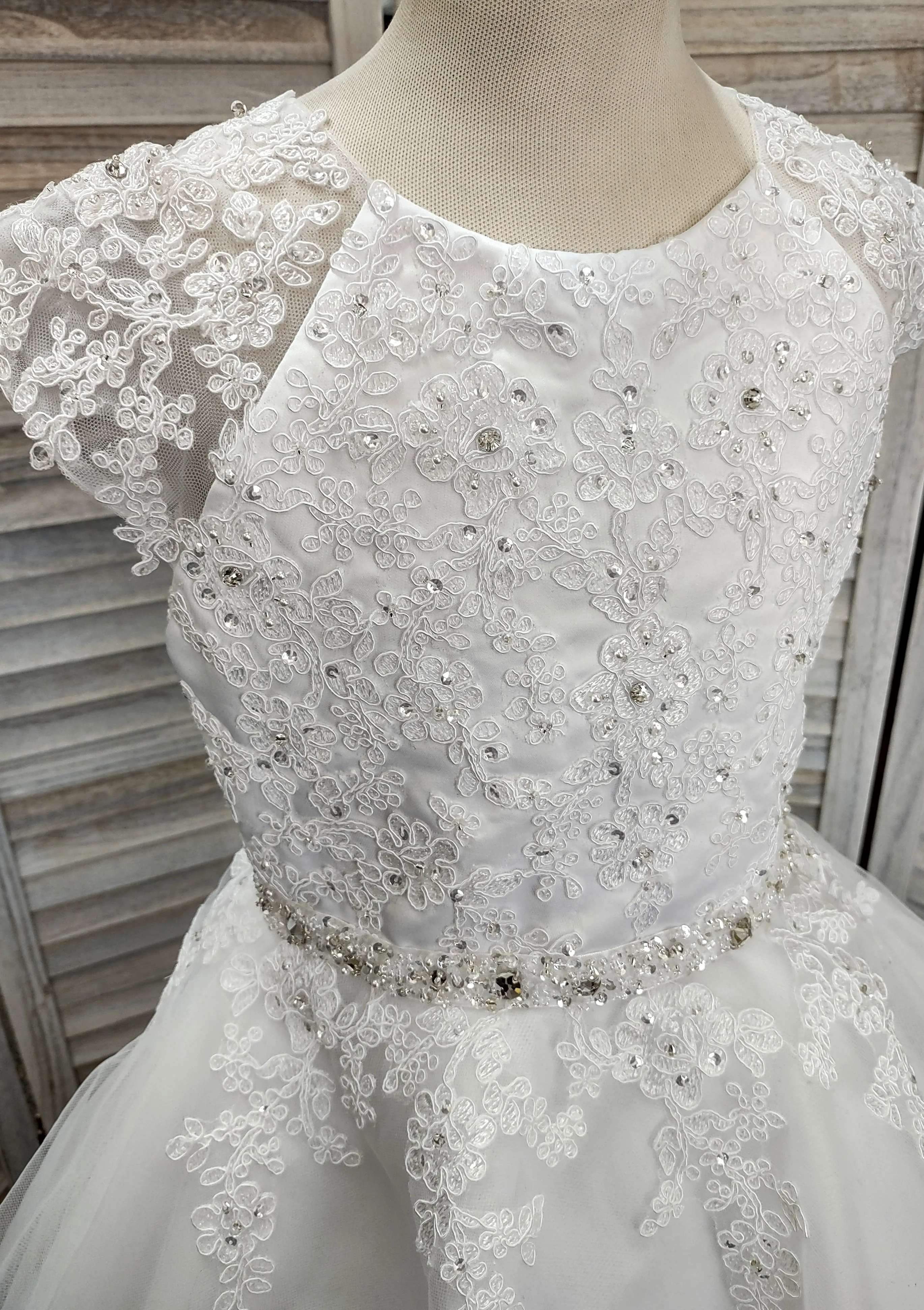 Sweetie Pie Communion Long Gown with Floral Lace Applique and Rhinestone Detail - 3087 - Image 8