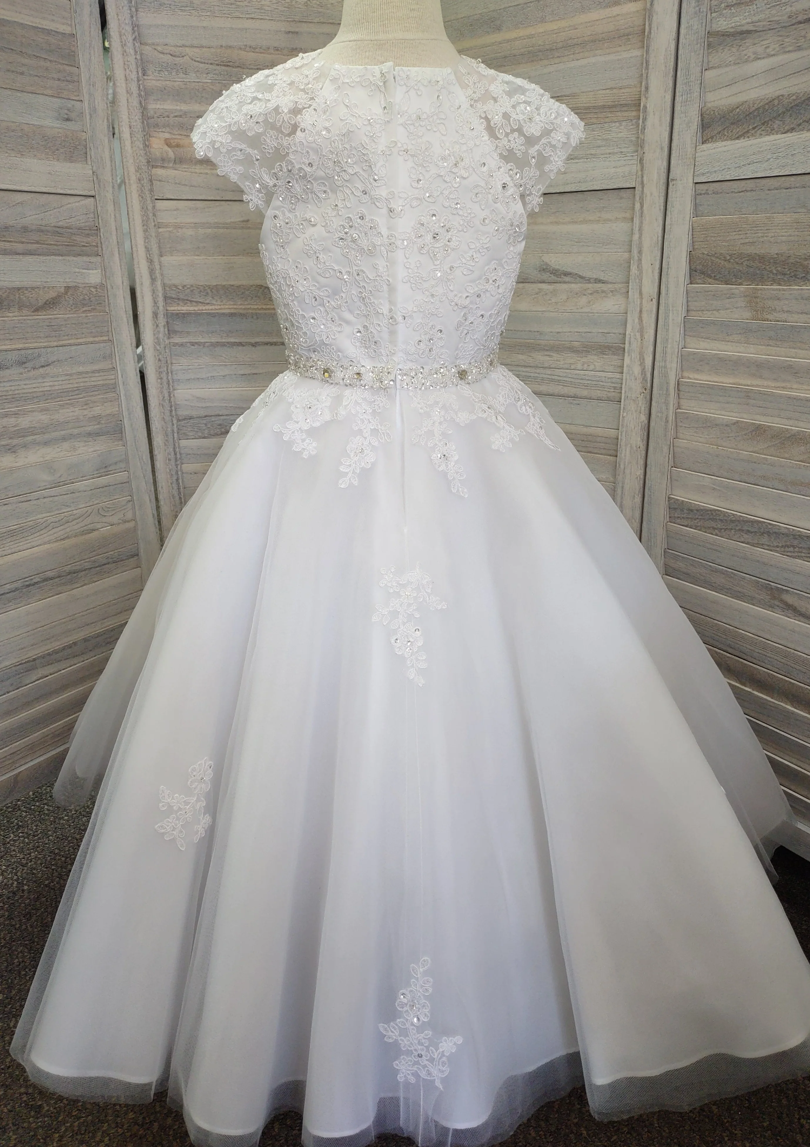 Sweetie Pie Communion Long Gown with Floral Lace Applique and Rhinestone Detail - 3087 - Image 9