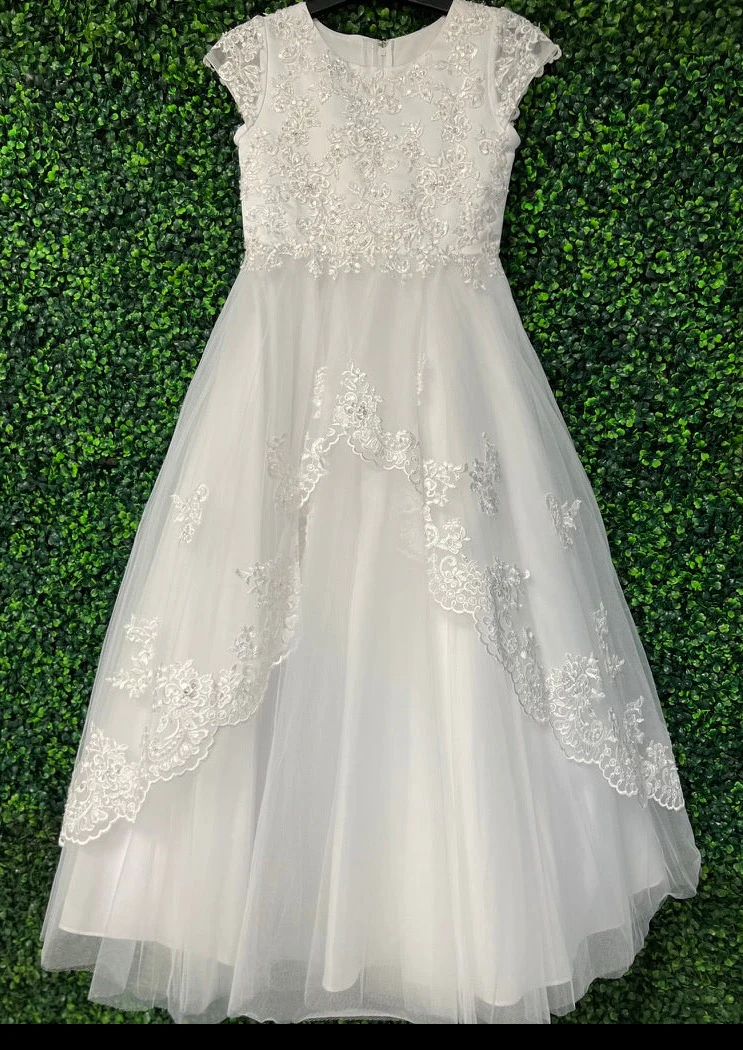 Sweetie Pie Short Sleeve Gown with Scalloped Lace and Tulle Long Dress 4022 - Image 3