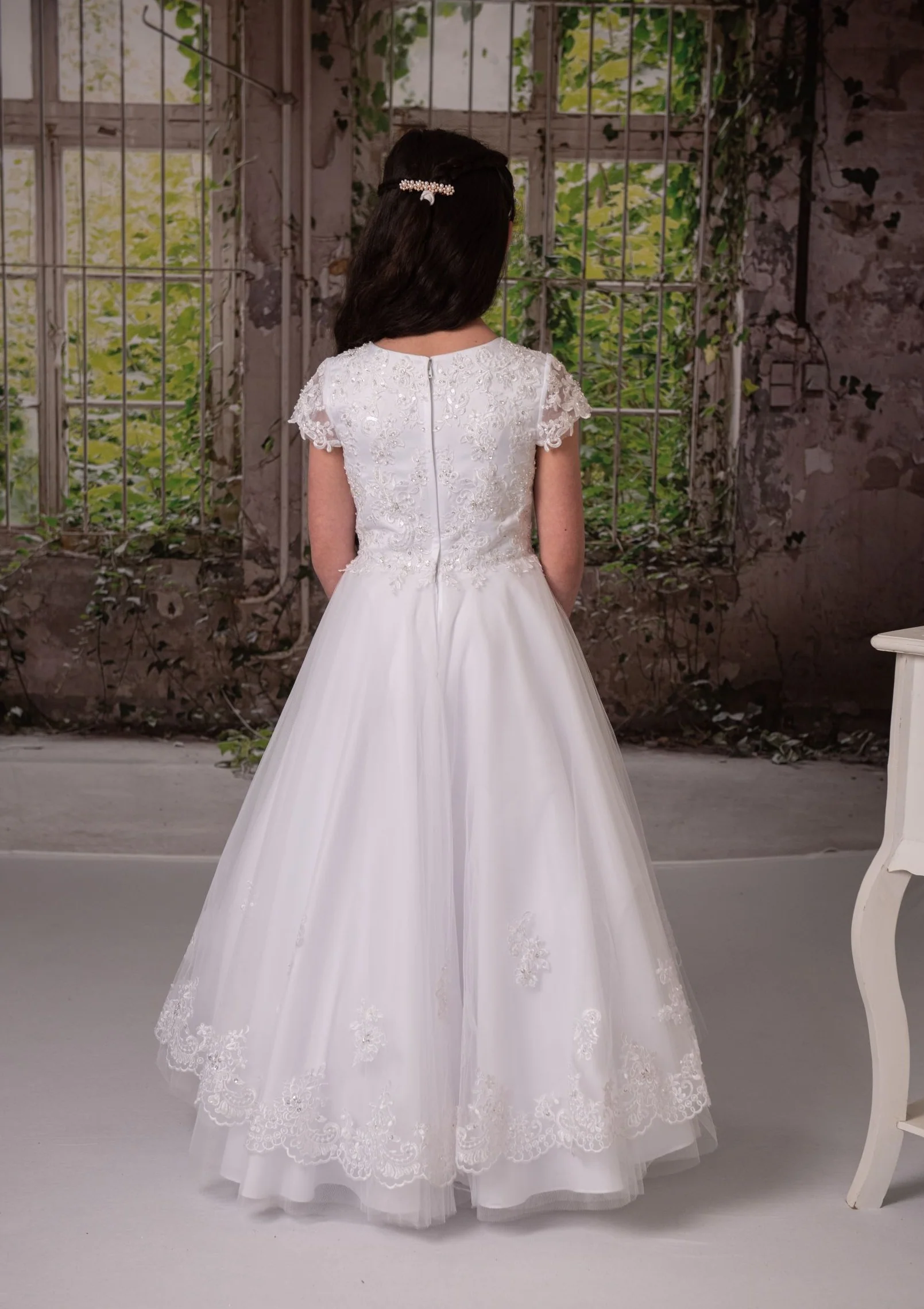 Sweetie Pie Short Sleeve Gown with Scalloped Lace and Tulle Long Dress 4022 - Image 7